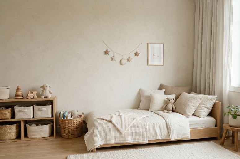 Quarto infantil com cama off-white e decora&ccedil;&atilde;o em madeira