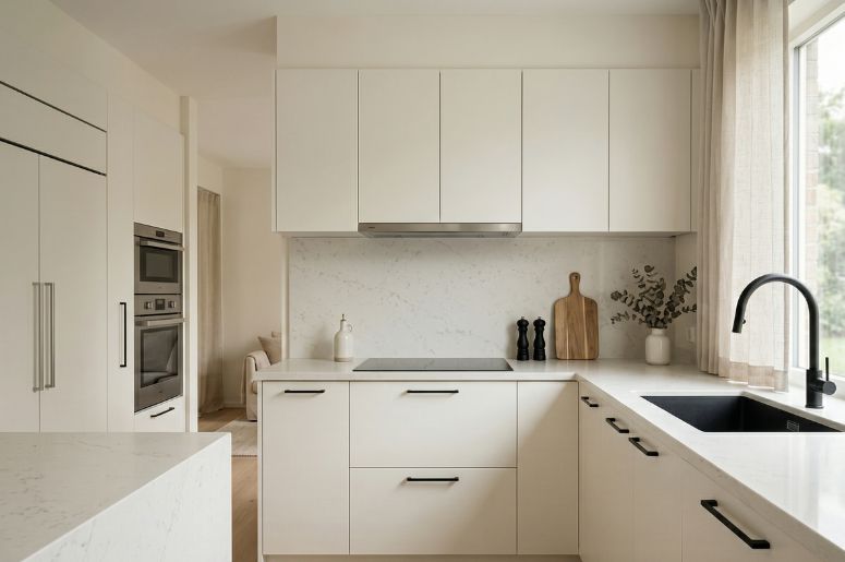 Casa com cozinha com m&oacute;veis off-white