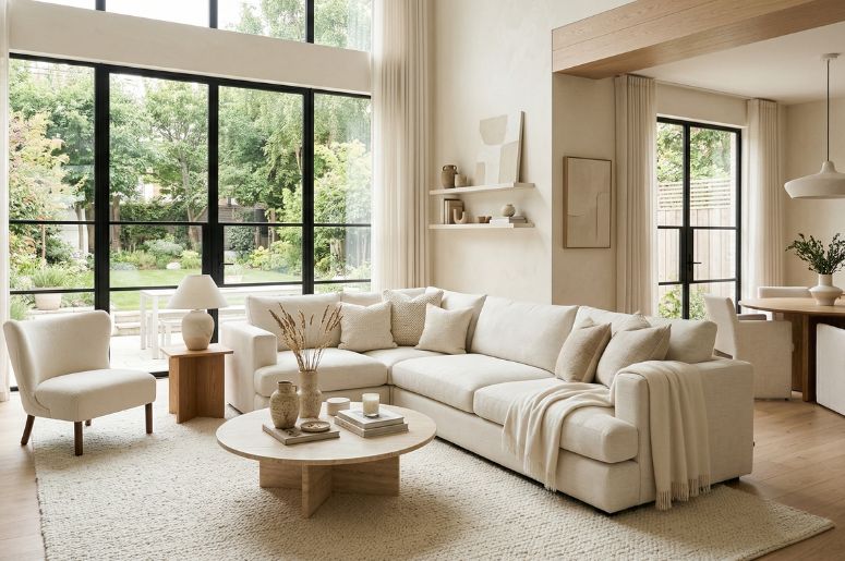 Sala de estar com m&oacute;veis off-white