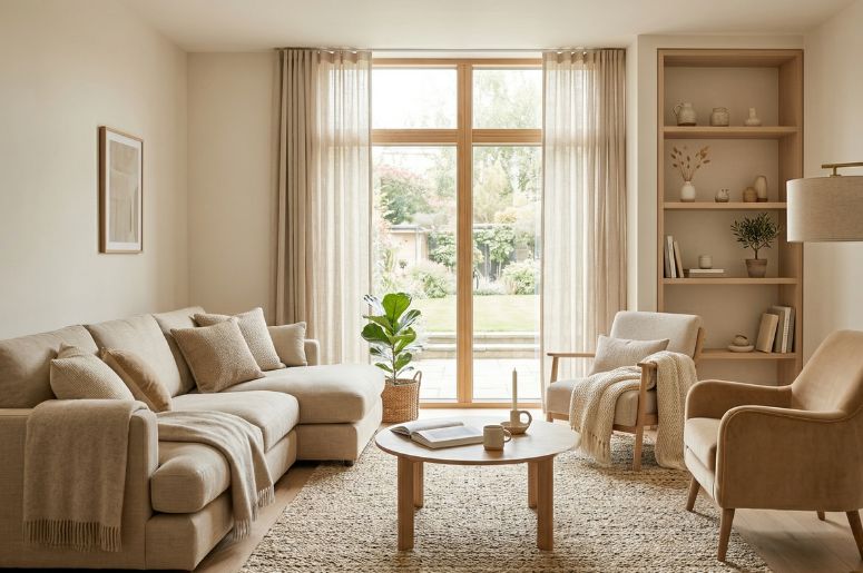 Sala de estar com plantas e m&oacute;veis de decora&ccedil;&otilde;es na cor bege