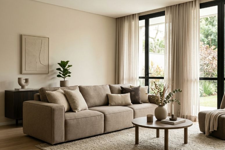 Sala de estar combinando tons de bege com marrom