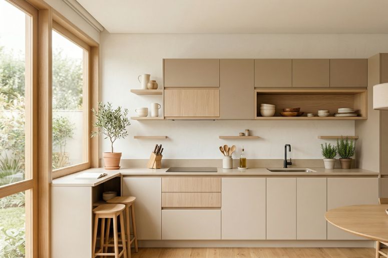 Cozinha moderna com m&oacute;veis na cor bege