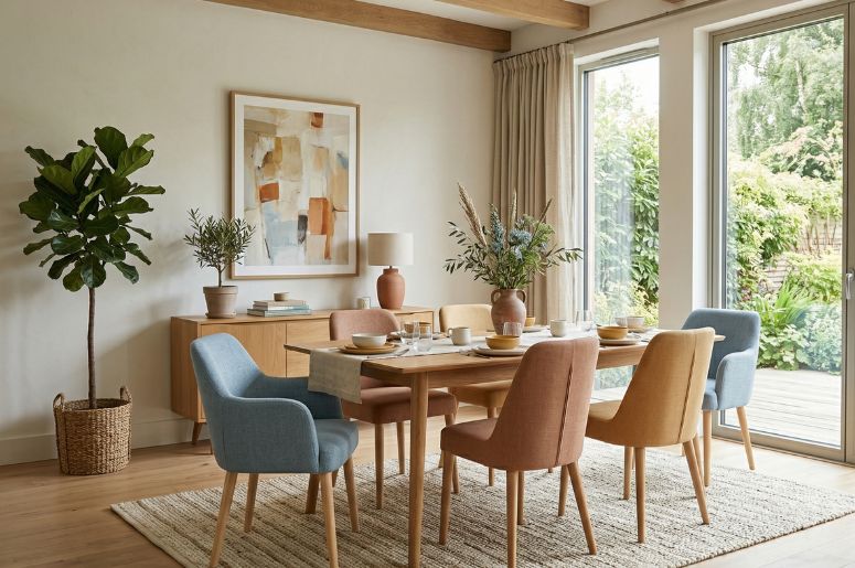 Sala de jantar com m&oacute;veis beges e cadeiras coloridas