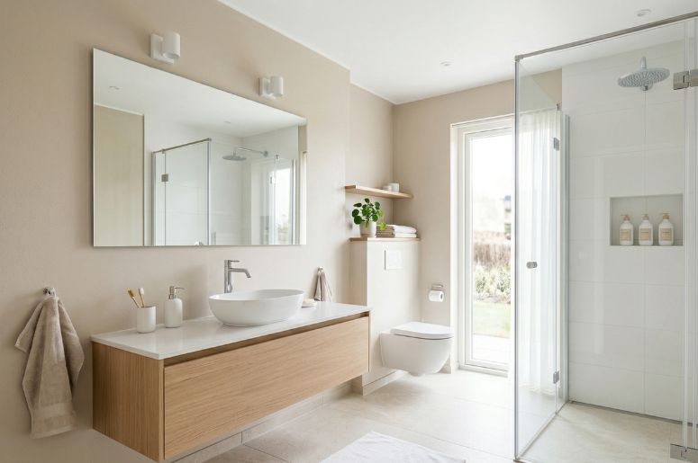 Banheiro com m&oacute;veis brancos e beges