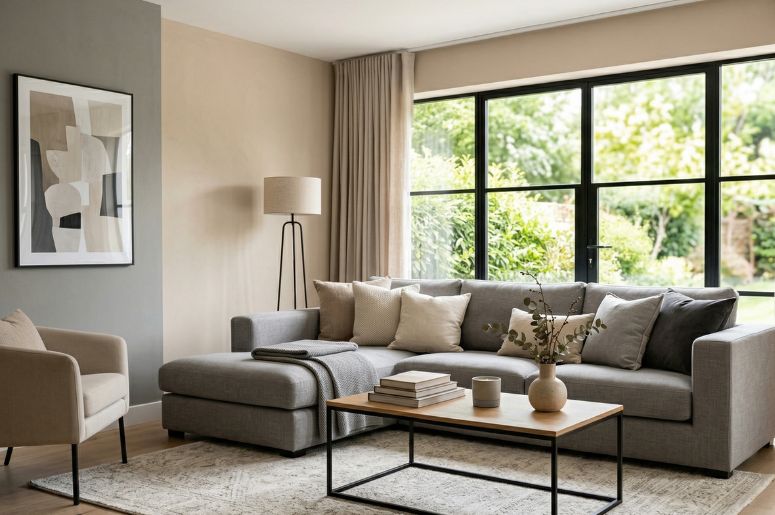 Sala de estar com janela grande sof&aacute; cinza e poltrona bege