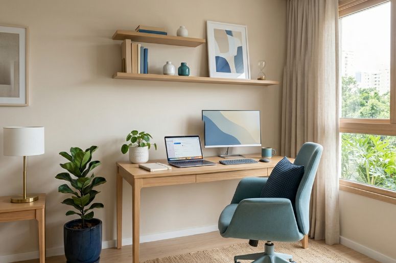 Escrit&oacute;rio com cadeira azul e mesa bege