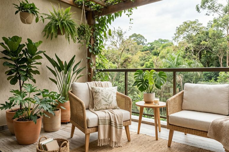 Poltronas beges em uma varanda com v&aacute;rias plantas