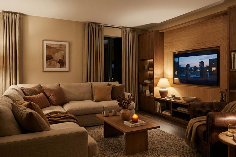 Sala de estar combinando bege com marrom