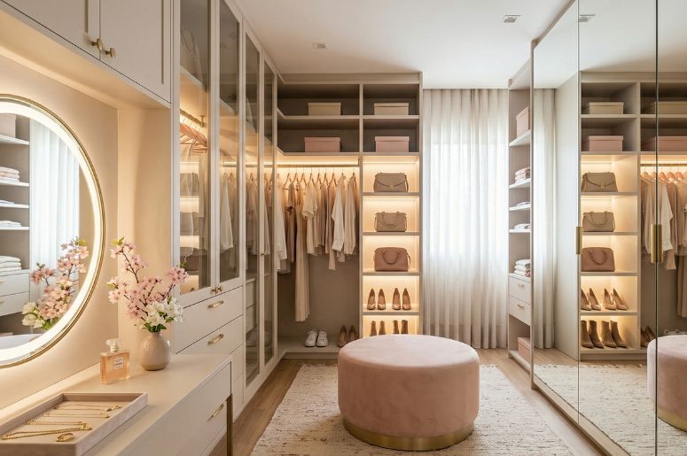 Closet com m&oacute;veis beges e poltrona rosa