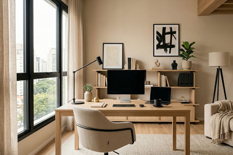 escrit&oacute;rio com m&oacute;veis beges e decora&ccedil;&atilde;o preta