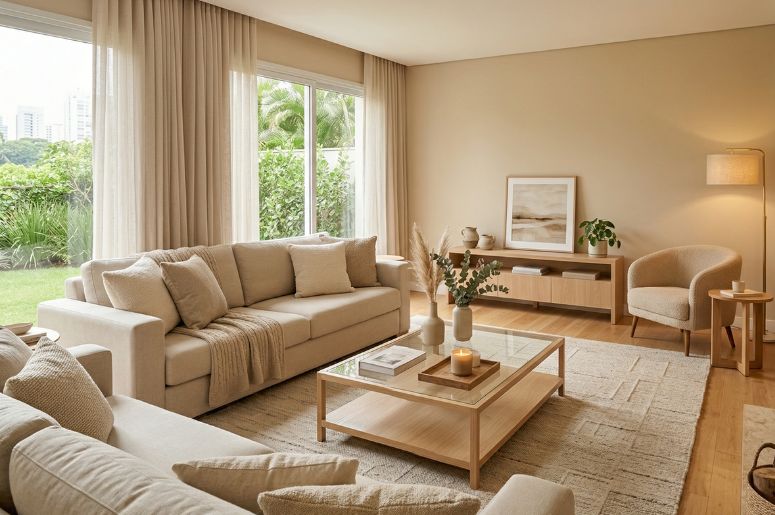 Sala de estar com decora&ccedil;&atilde;o bege e sof&aacute; off-white