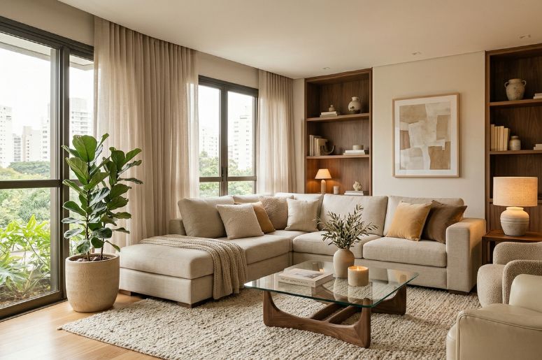 Sala de estar bege com sof&aacute; branco