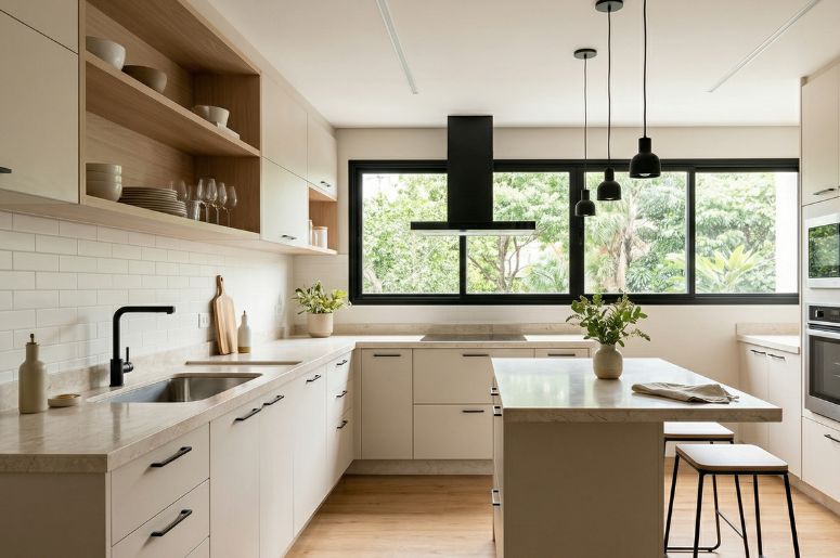 Cozinha com m&oacute;veis bege