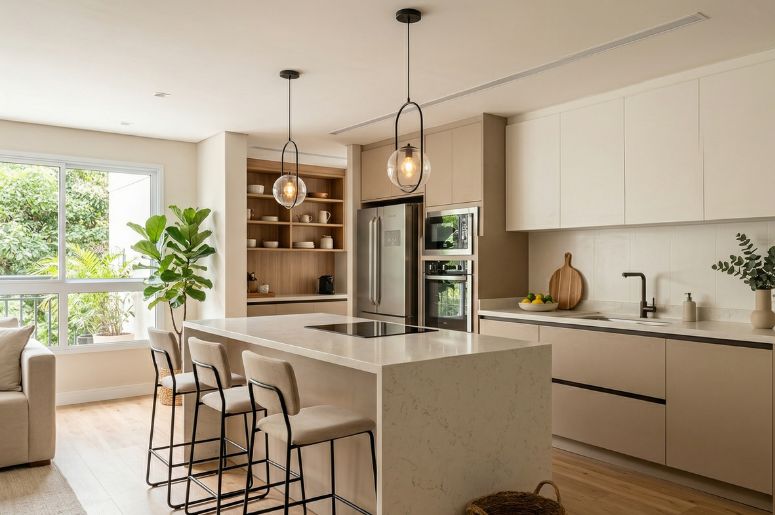 Cozinha com m&oacute;veis bege