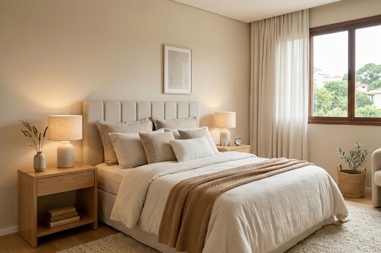 quarto com m&oacute;veis bege