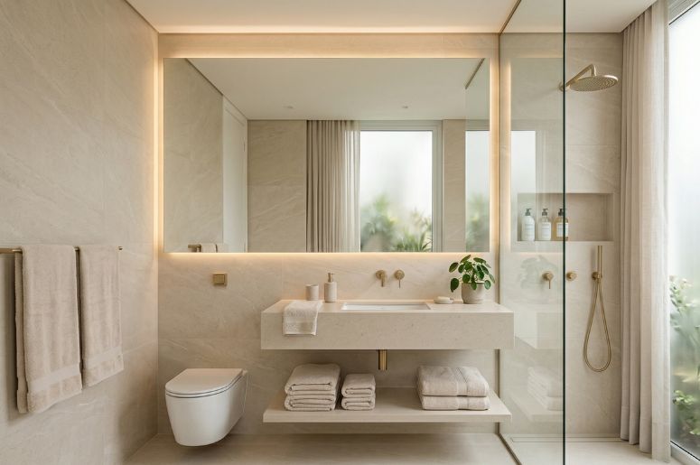 banheiro com m&oacute;veis bege