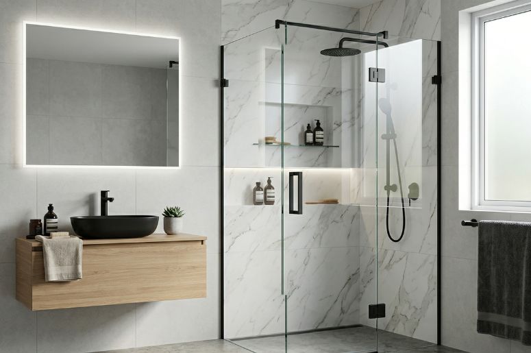 Banheiro grande com box de vidro