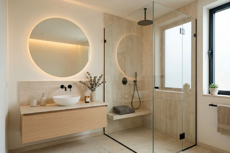 Banheiro com m&oacute;veis em tons amadeirados e box de vidro