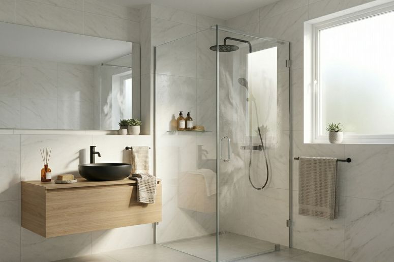 banheiro decorado com box de vidro