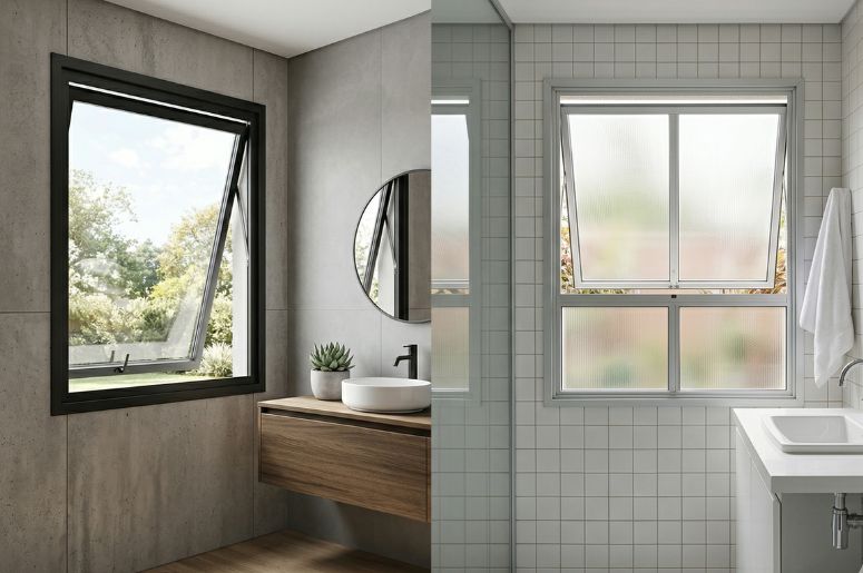 banheiros diferentes com janelas maxim-ar e basculante
