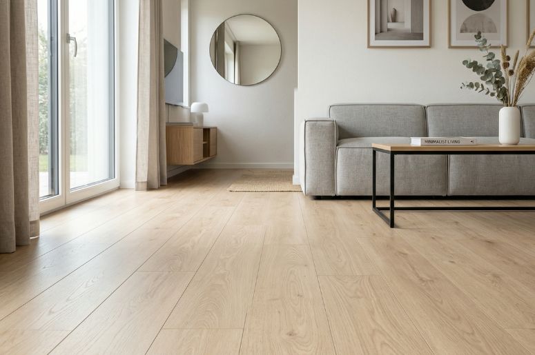 Sala com piso laminado, sofá cinza e mesa de centro industrial