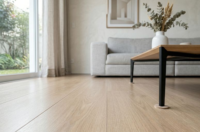 Sala com piso laminado amadeirado e com mesa de centro industrial