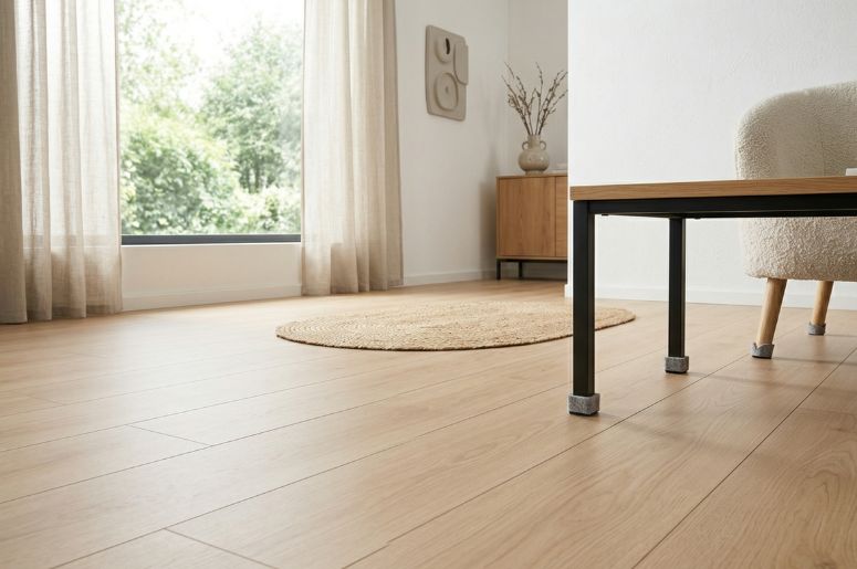 Sala com piso laminado e tapete bege