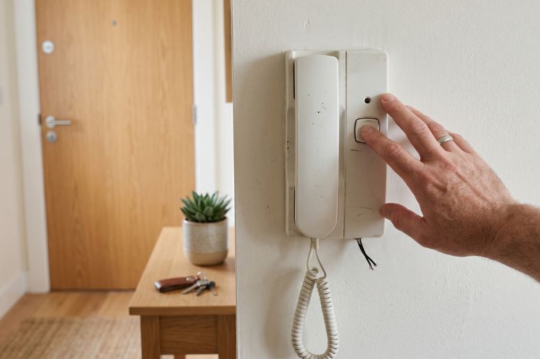 homem usando interfone em apartamento