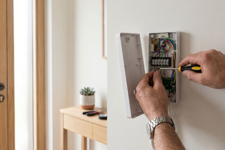 Homem com ferramentas consertando interfone de apartamento