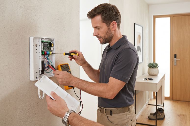 profissional consertando interfone em apartamento