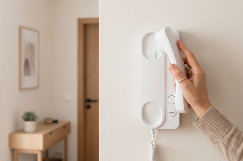 Pessoa usando interfone branco em apartamento