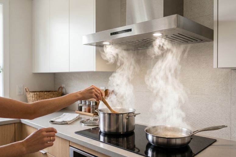 Pessoa cozinhando e usando coifa em cozinha