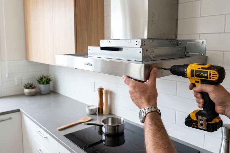 Profissional instalando coifa em cozinha