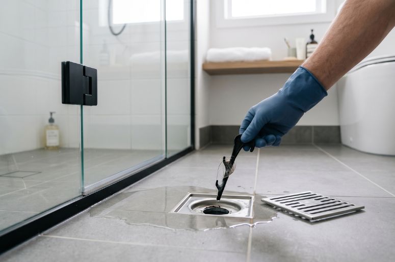 Homem com luva azul desentupindo ralo de banheiro