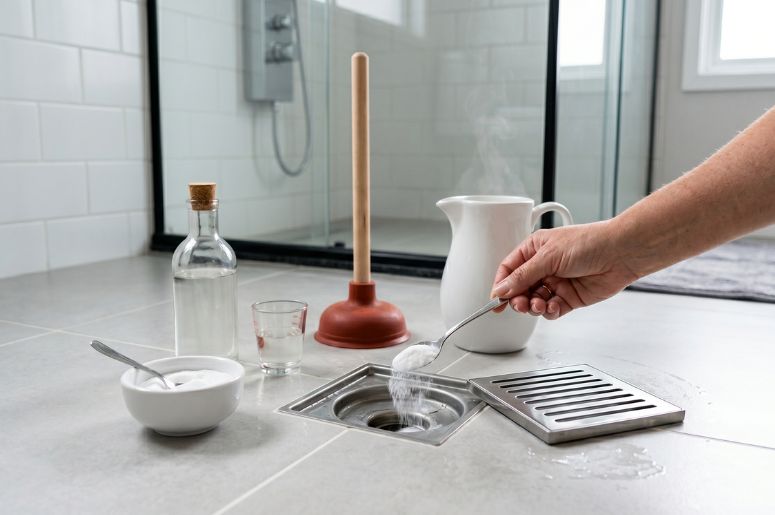 Pessoa com m&eacute;todos caseiros para desentupir ralo de banheiro