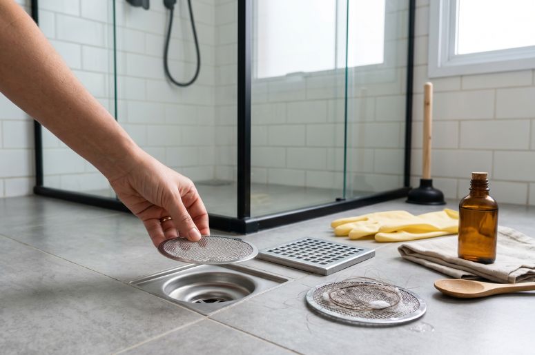 Pessoa com cuidados para o ralo do banheiro