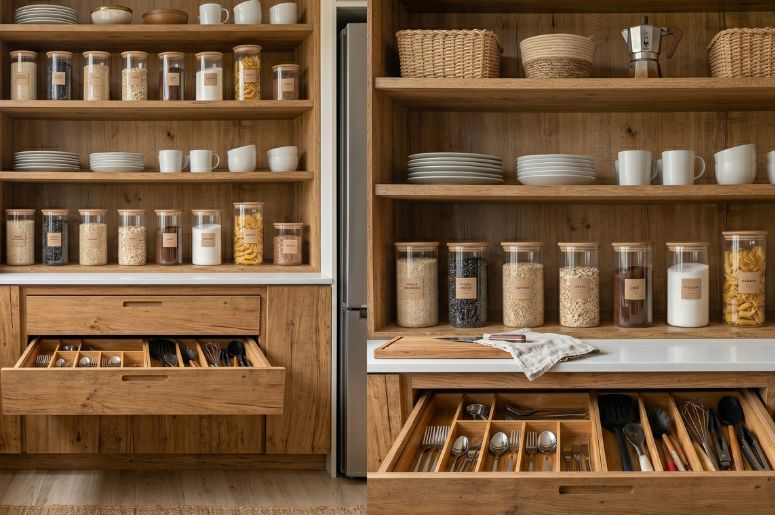 cozinha com utensilios e mantimentos todos organizados