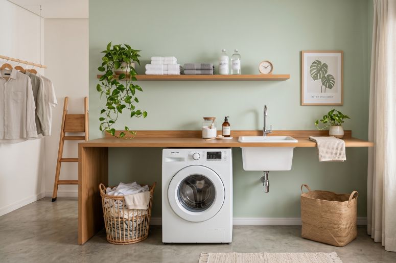 Lavanderia decorada com parede verde