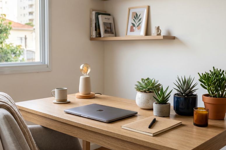 Mesa de escrit&oacute;rio com suculentas como decora&ccedil;&atilde;o