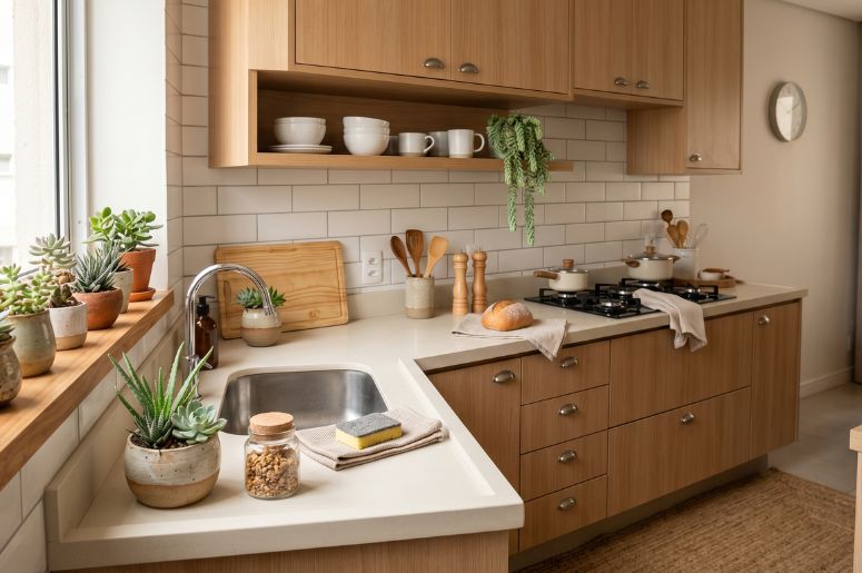 Cozinha decorada com suculentas