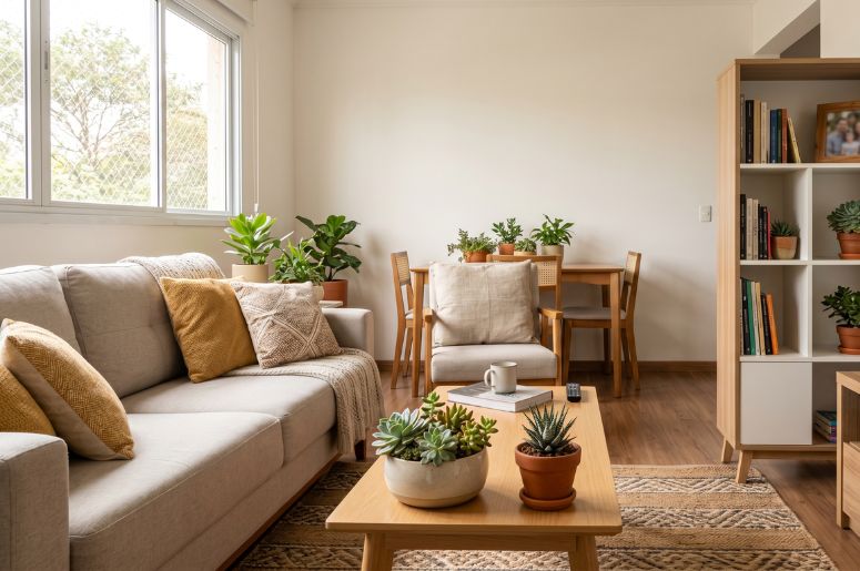 Sala com suculentas na decora&ccedil;&atilde;o