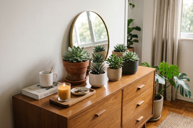 Quarto com suculentas na decora&ccedil;&atilde;o