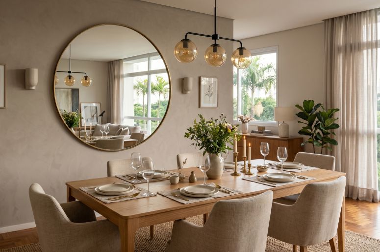 Sala de jantar decorada com espelho redondo