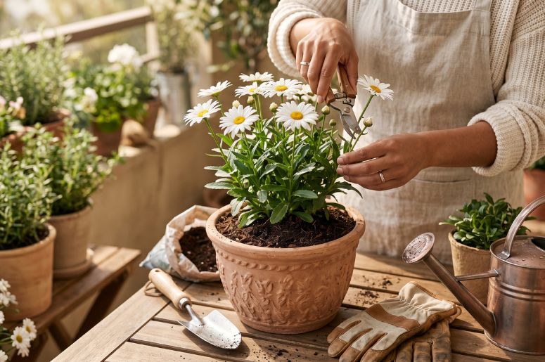 Pessoa cultivando margaridas