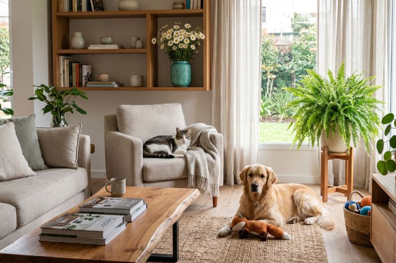 Pets em sala decorada com margaridas na decoração