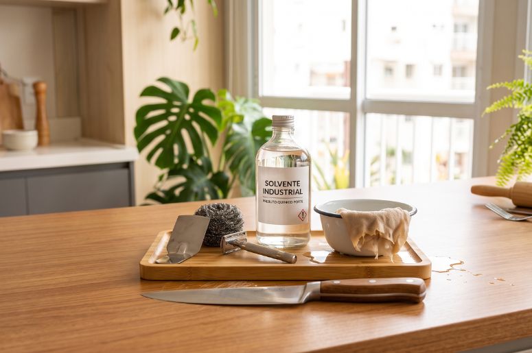 Mesa com os produtos que não podem ser usados para tirar cola de adesivo