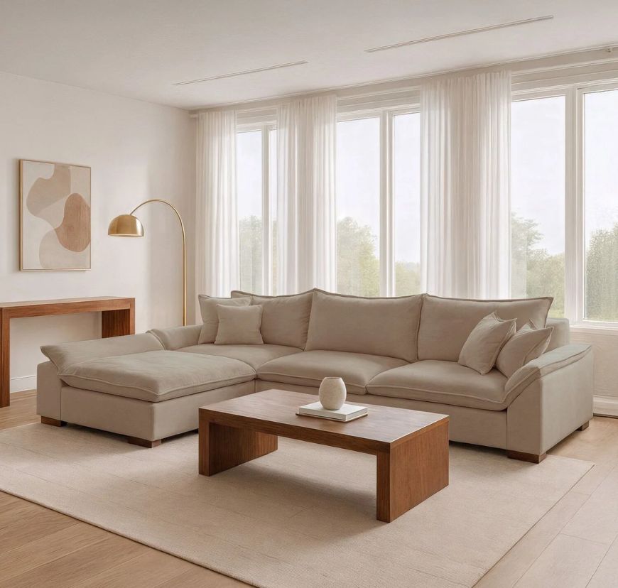 Sofá de Canto com Chaise Modulado 6 Lugares Linho Bege Dominique 320cm Yescasa