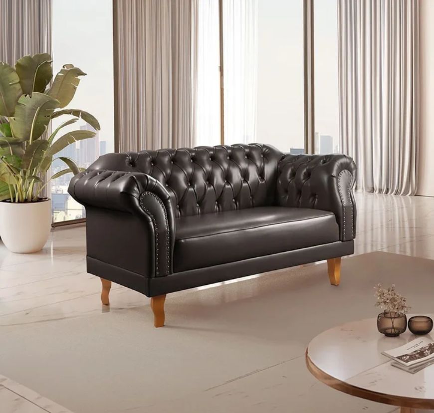 Sofá Chesterfield 2 Lugares Couro Sintético Preto Duque 150cm Yescasa