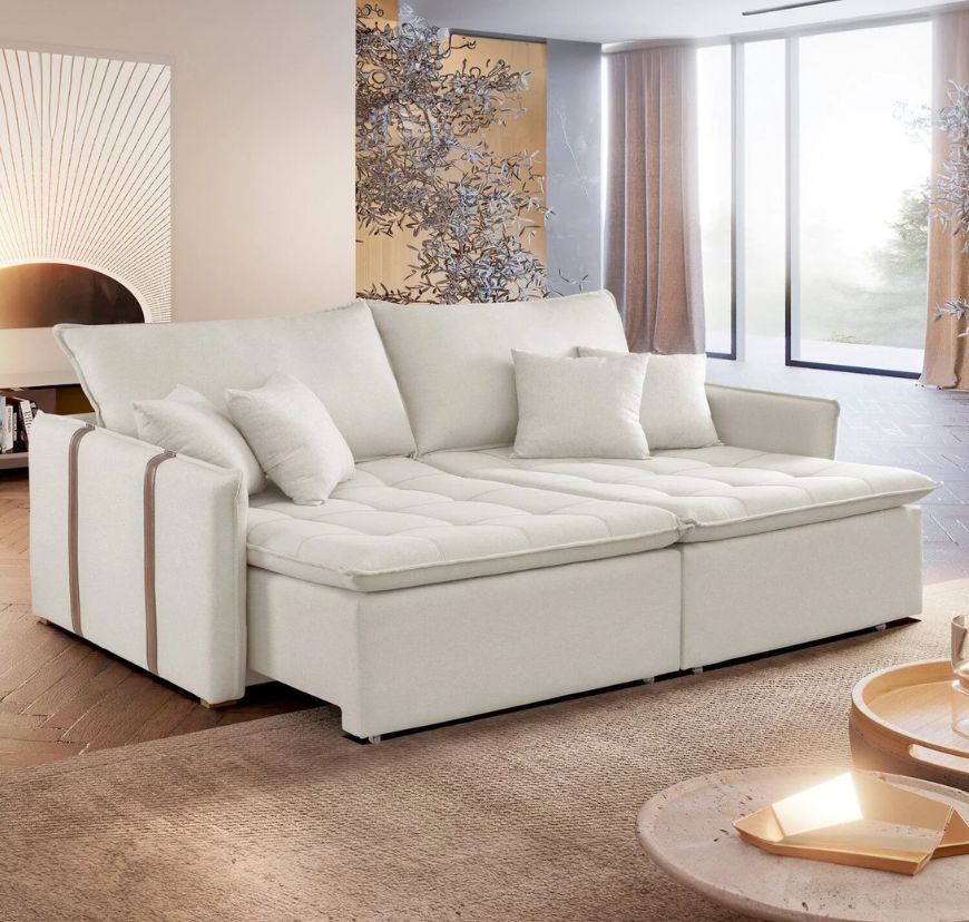 Sofá Cama Retrátil e Reclinável 2 Lugares Veludo Bege Claro Detroid 180cm