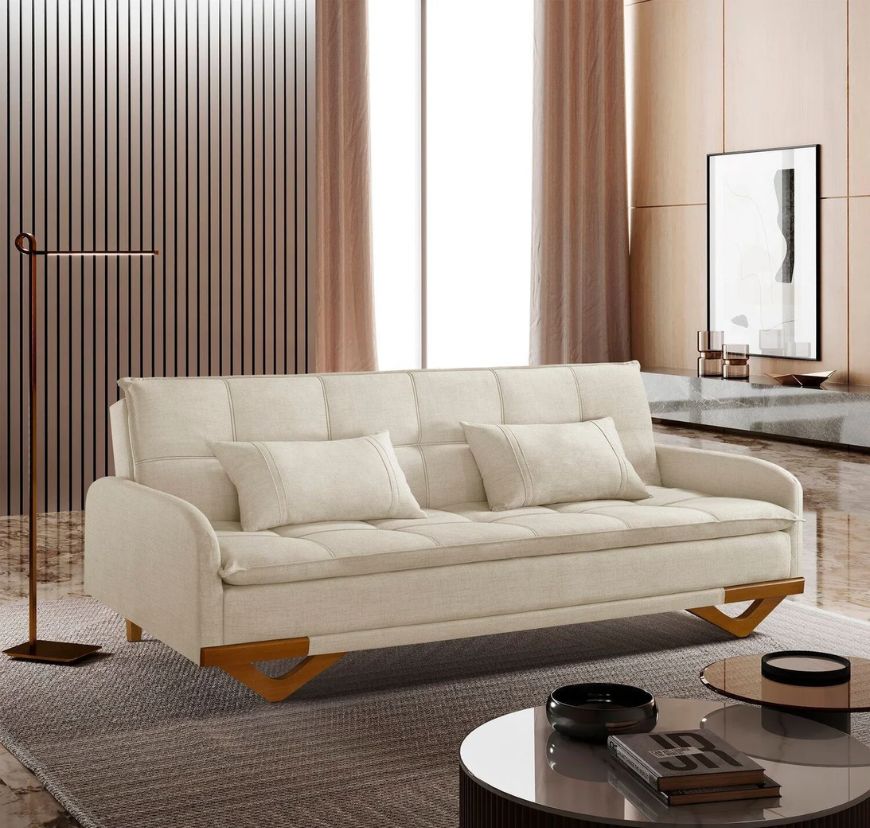 Sofá Cama Casal Reclinável 3 Lugares Linho Bege Cannes 202cm